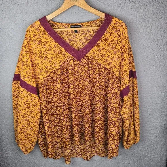 Lane Bryant Plus Boho Floral Blouse 18/20 Burgundy Mustard Yellow Trendy Flowy - Picture 4 of 10